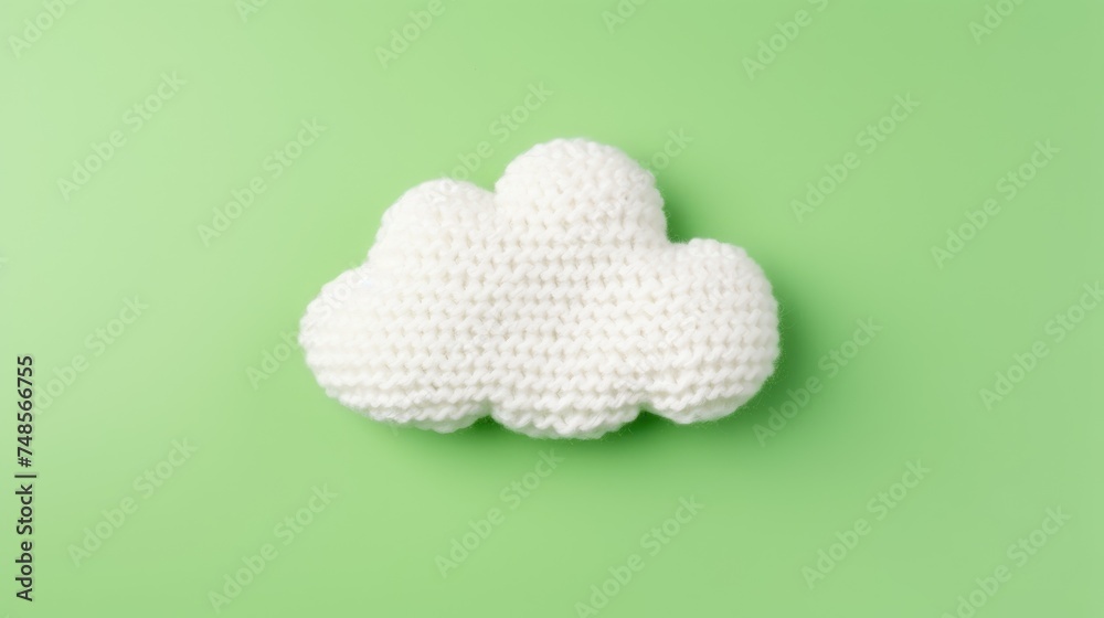 Knitted toy white cloud on a green background. Children's clothes and accessories. View from above. Knitted toy white cloud on a green background. Children's clothes and accessories. View from above.