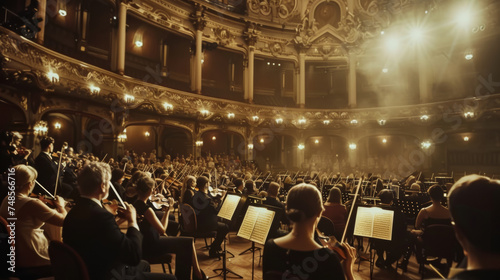 Orchestra performing passionately in an elegant theater.