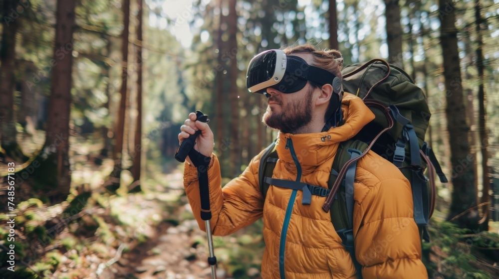 An adventurer in a yellow jacket explores the forest while wearing a virtual reality headset, merging natural and digital worlds.