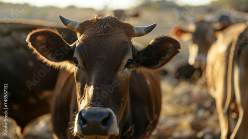 A curious cow stares directly at the camera, framed by a herd in the soft light of dawn.