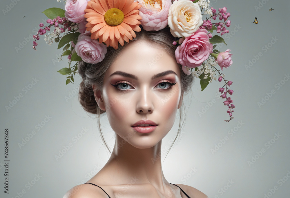 3D Portrait Beauty fantasy woman face with flowers and gears
