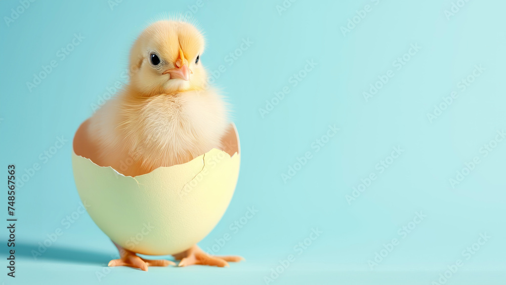 Charming sight of small chick emerging from Easter egg. Essence of rebirth and happiness coming with arrival of Easter. Sense of innocence