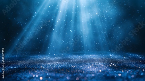 Dark Blue Background with Light Beams and Glittering Floor