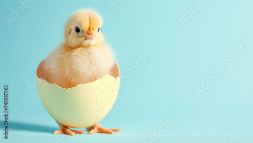 Charming sight of small chick emerging from Easter egg. Essence of rebirth and happiness coming with arrival of Easter. Sense of innocence