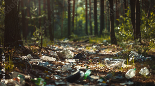 Litter strewn across a sunlit forest floor, highlighting environmental negligence.
