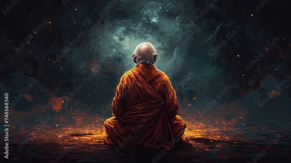 Buddhist monk meditating in lotus position illustration. Concept art meditation connection with the subconscious, connection with the universe, God, body, spirituality, religion, yoga. Yoga club. Buddhist monk meditating in lotus position illustration. Concept art meditation connection with the subconscious, connection with the universe, God, body, spirituality, religion, yoga. Yoga club.
