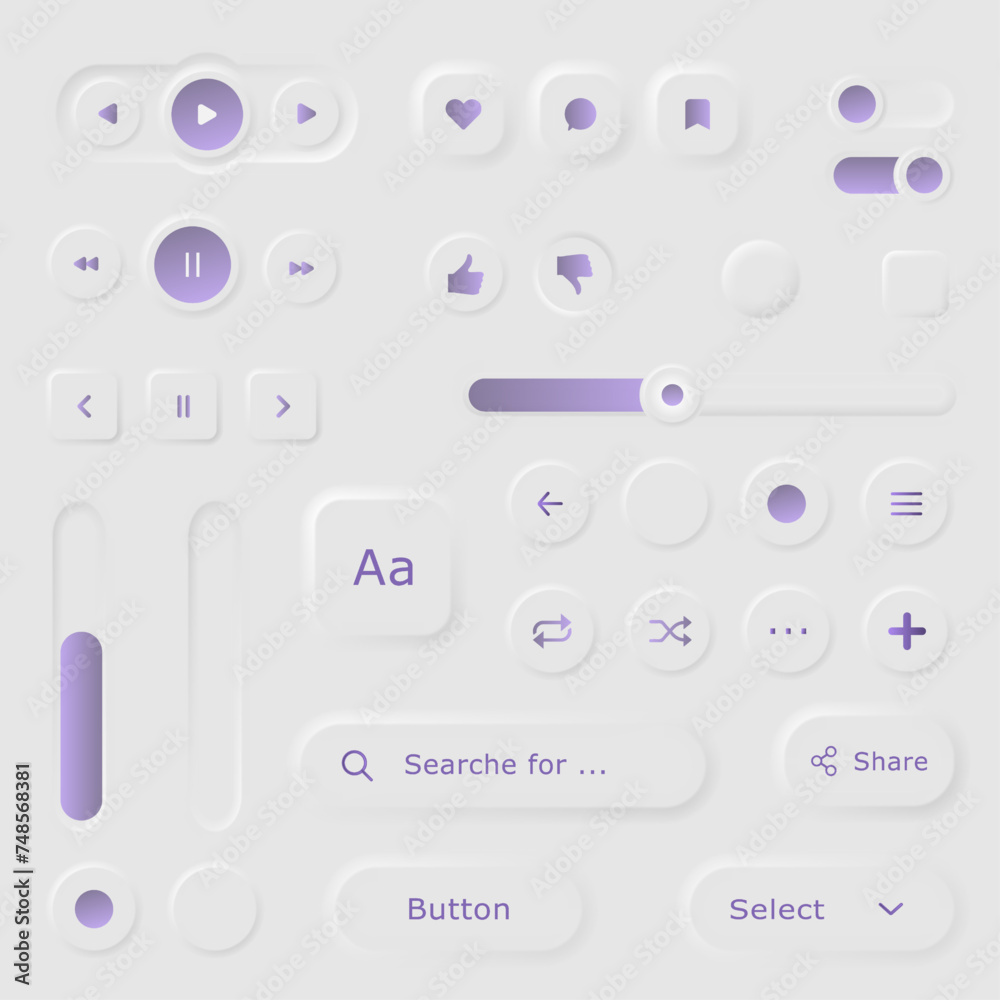 
User interface elements for mobile app. Neumorphism User interface design kit. Neumorphism UI UX icons set.

