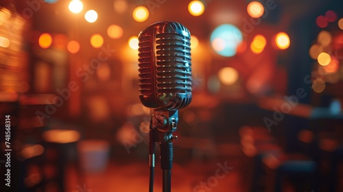 On stage with a retro microphone in bokeh lighting
