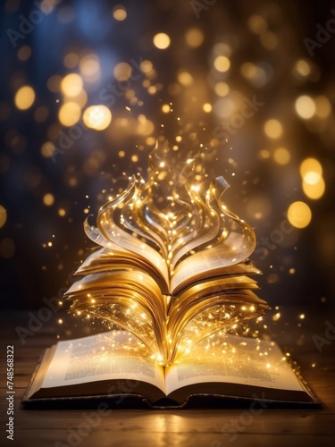 magic book with golden light, book open with sparkling particle, world book day illustration