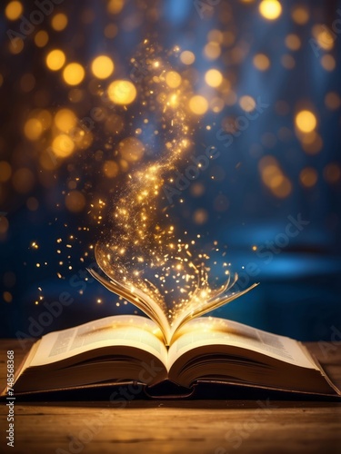 magic book with golden light, book open with sparkling particle, world book day illustration