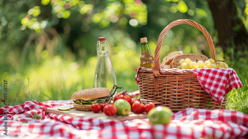 Picnic basket with sandwich, water and various fruits. Spring Summer atmosphere. Outdoor recreation Picnic basket with sandwich, water and various fruits. Spring Summer atmosphere. Outdoor recreation