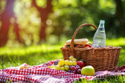 Picnic basket with sandwich, water and various fruits. Spring Summer atmosphere. Outdoor recreation