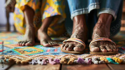 A pair of feet, one crossed over the other, sitting atop a vibrant and colorful rug