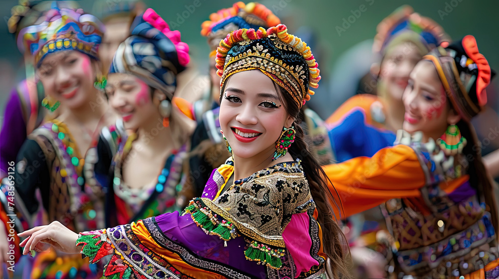 A diverse group of women dressed in vibrant and colorful costumes are joyfully dancing together at a cultural event
