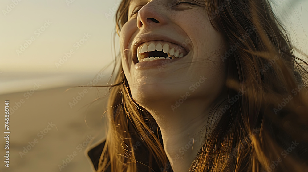 A close up view of a person joyfully laughing while standing on a beach, with the ocean and clear blue skies in the background A close up view of a person joyfully laughing while standing on a beach, with the ocean and clear blue skies in the background