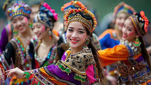 A diverse group of women dressed in vibrant and colorful costumes are joyfully dancing together at a cultural event
