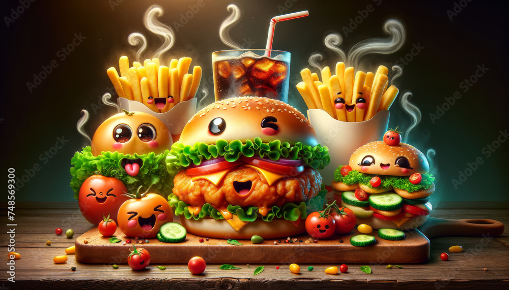 Naklejka premium Cartoon burger with friends fries and soda, all on wood boards. Smiling foods on wooden boards make a fun dining scene.