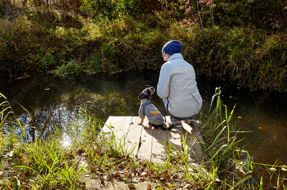 Owner rest with a dog on nature. Friendship of a dog and a woman
