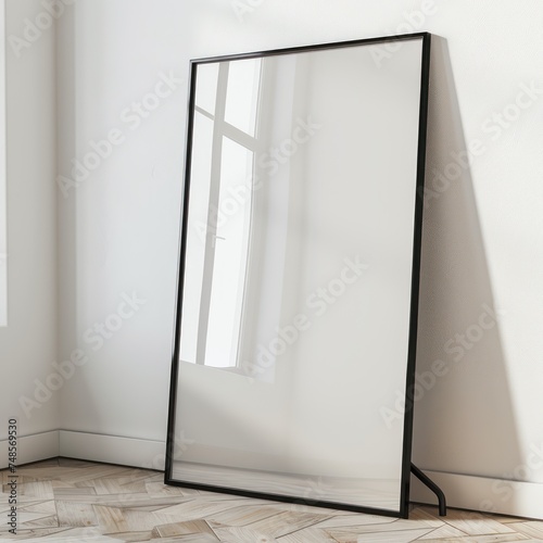 Poster mockup with vertical empty wooden frame standing on the floor. For various advertising. Banner