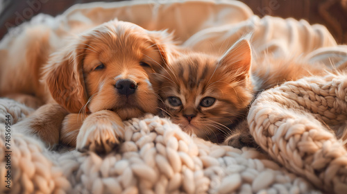 Adorable Puppy and Kitten Cuddling Together