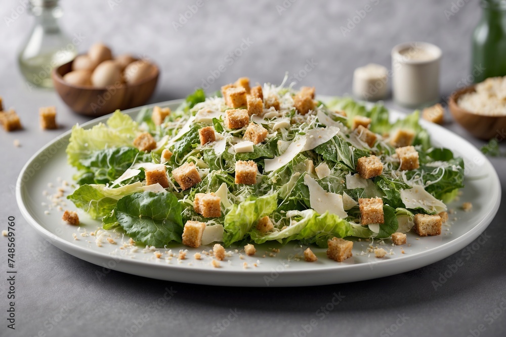 Caesar Salad on a white plate. Croutons, parmesan.
