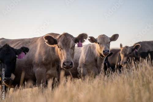 Stud Angus cows in a field free range beef cattle on a farm. Portrait of cow close up in summer. © William