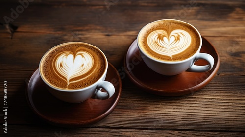 Two cups with delicious cappuccino on a wooden background. Lush foam with a painted heart. Morning drink.
