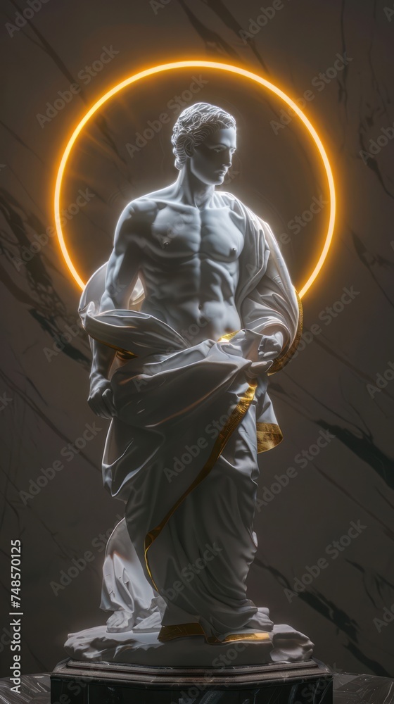 Obraz premium Surreal 3D illustration of a marble ancient Greek statue with a halo behind in white and gold color. Contemporary art in digital format