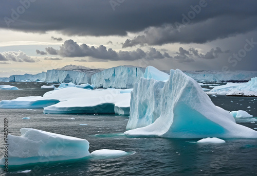 Conceptual of climate change and global warming with melting icebergs, rising sea levels, and extreme weather events. 