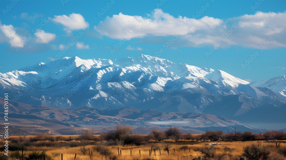 Majestic snow-capped mountains tower over a vast, arid desert landscape.