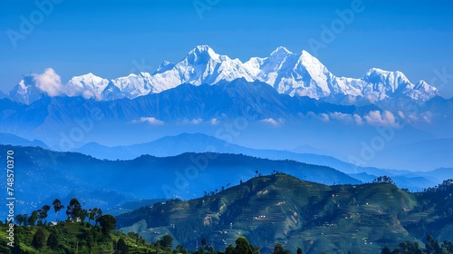 This is a beautiful landscape image of the Himalayas. The snow-capped mountains are in the distance, with a lush green valley in the foreground.