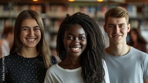 Happy african, asian and caucasian students standing at modern college library with bookshells on background, diversity in education concept. photo