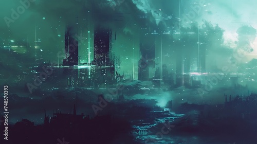 The dark cyberpunk city is full of tall buildings and bright lights.