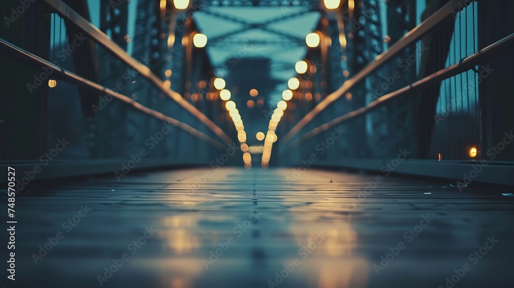 Looking down the wooden walkway of a metal bridge at night. The lights from the city are reflected in the puddles on the ground. - obrazy, fototapety, plakaty 