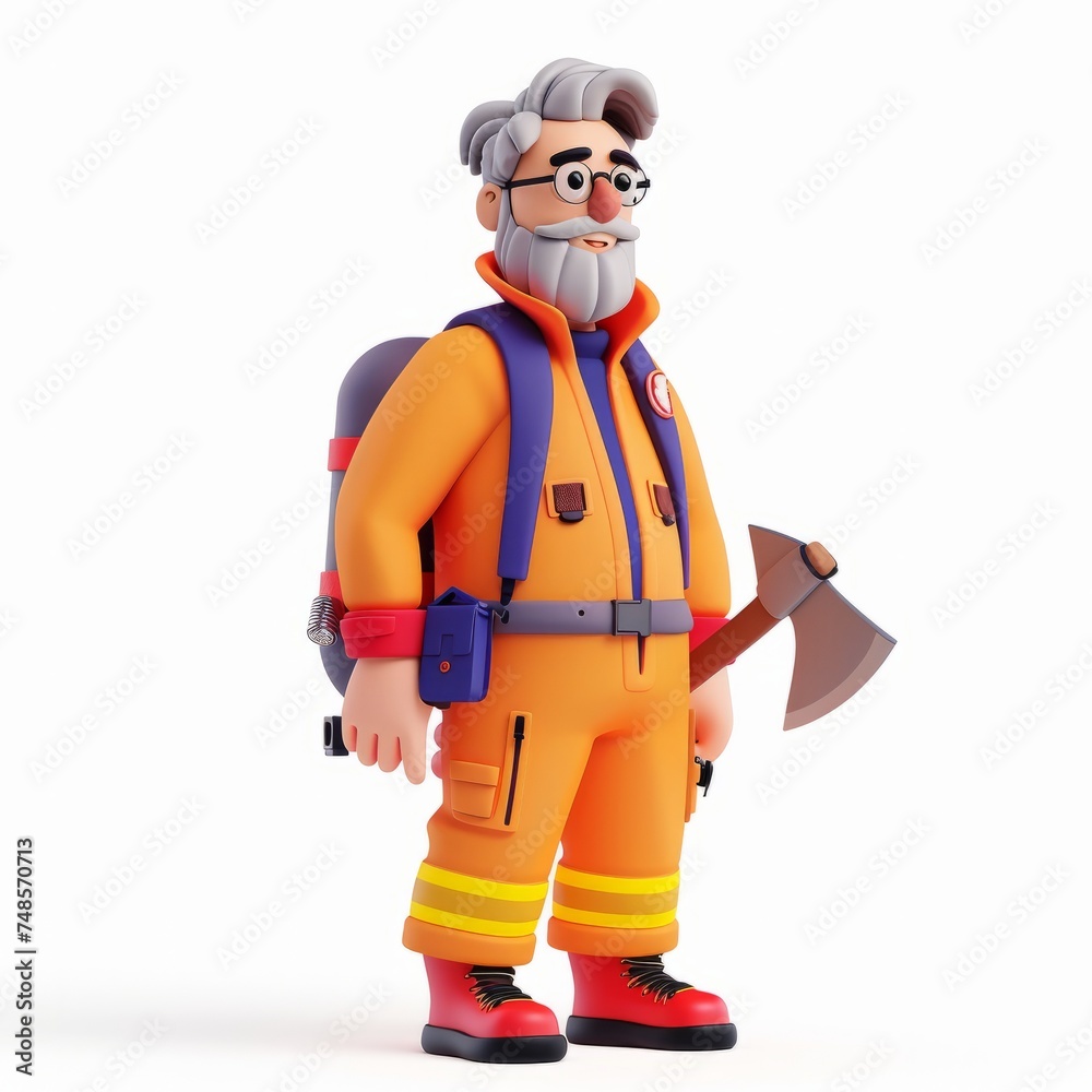 Elderly clay animation character wearing a firefighter's uniform and holding an axe, on an isolated white background, Generative AI Elderly clay animation character wearing a firefighter's uniform and holding an axe, on an isolated white background, Generative AI