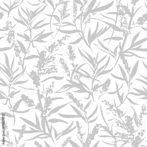 Fototapeta Naklejka Na Ścianę i Meble -  Seamless pattern with gray flowers - Wormwood isolated on white background. Hand-drawn illustrations of wildflowers.
