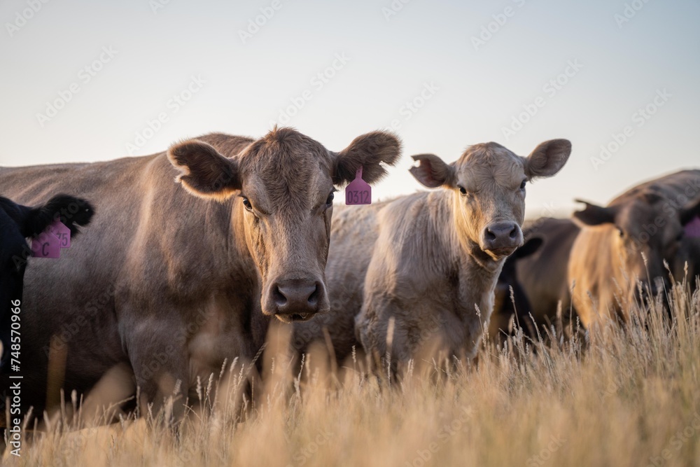 Fat Beef cows grazing on native grasses in a field on a farm practicing regenerative agriculture in Australia. Hereford cattle on pasture. livestock Cows in a field at sunset with golden light. Fat Beef cows grazing on native grasses in a field on a farm practicing regenerative agriculture in Australia. Hereford cattle on pasture. livestock Cows in a field at sunset with golden light.