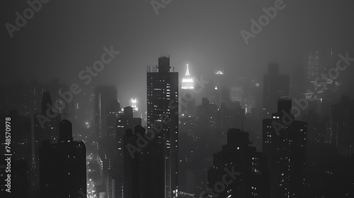 A stunning black and white cityscape of a modern city. The buildings are shrouded in mist  creating an ethereal atmosphere.
