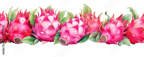 Watercolor background banner of dragon fruits isolated on a white background as transparent PNG