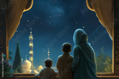 Mother and sons look through window enjoying night mosque against moon. Family shares moment of quiet contemplation admiring beauty of night time, close-up