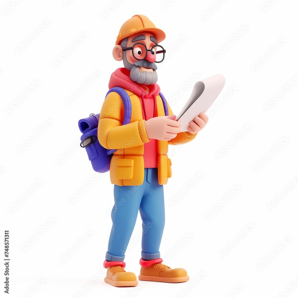 Elderly clay animation character wearing a postal worker's uniform with a mail bag, holding letters, on an isolated white background, Generative AI