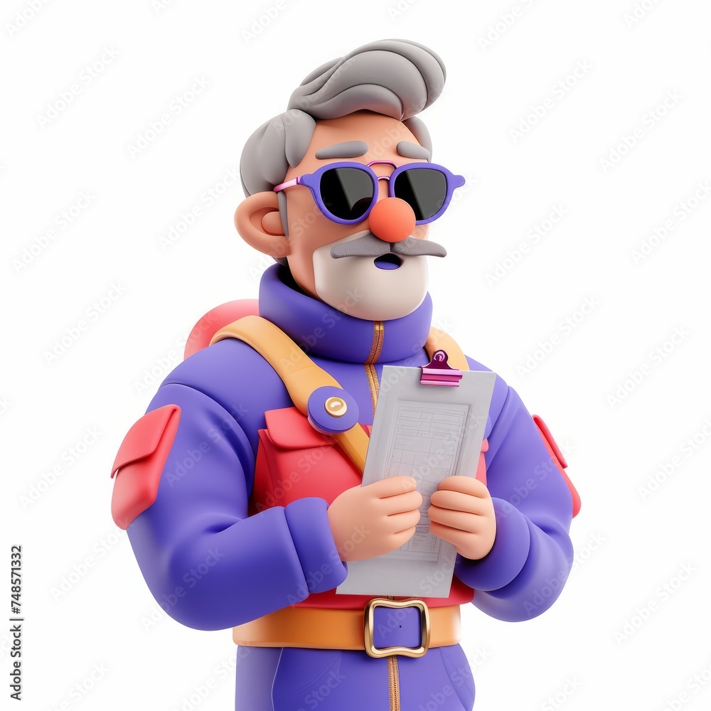 Elderly clay animation character wearing a professor's tweed jacket with glasses, holding a book, on an isolated white background, Generative Ai