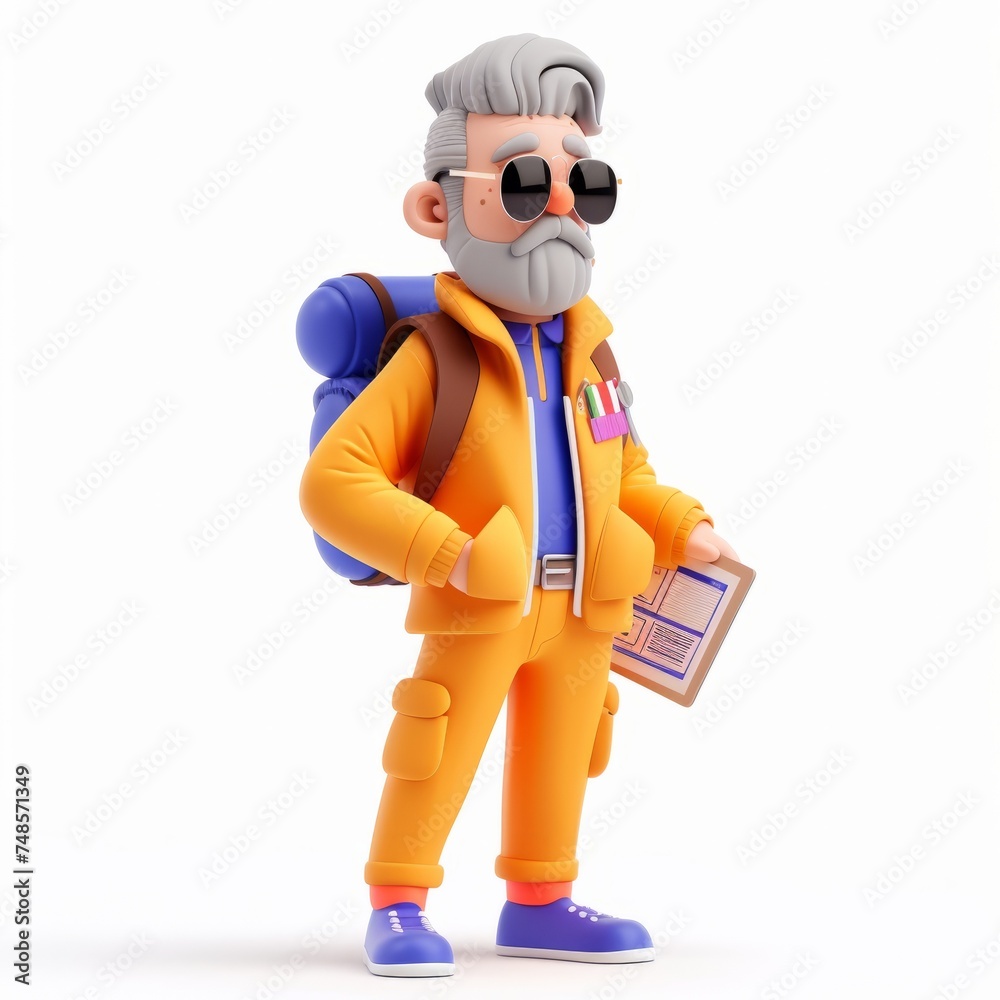 Elderly clay animation character wearing a professor's tweed jacket with glasses, holding a book, on an isolated white background, Generative Ai