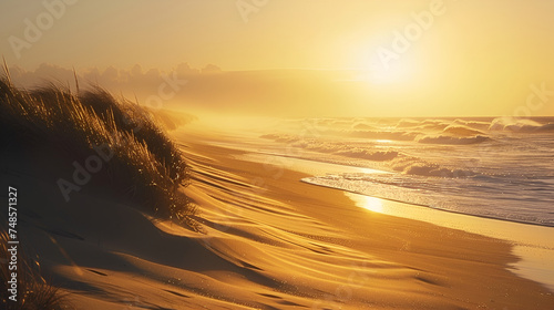 A breathtaking sunset scene at a dune beach, with golden sunlight casting warm hues across the sandy shoreline and gentle waves lapping against the coast, creating a tranquil and serene atmosphere