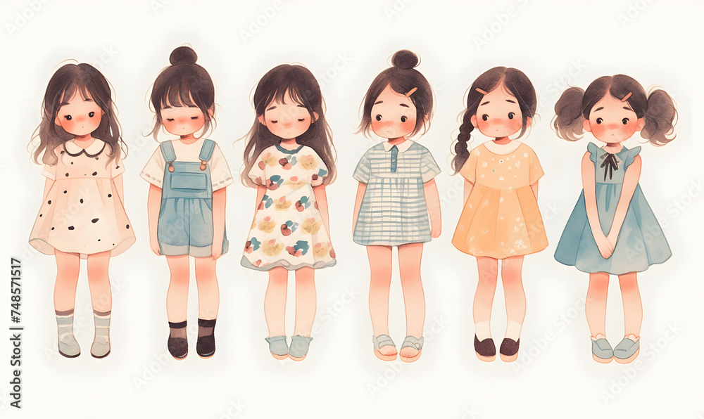 Cute cartoon children standing in a row, Generative AI Cute cartoon children standing in a row, Generative AI