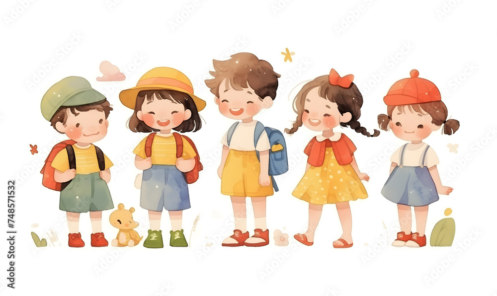 Cute cartoon children standing in a row, Generative AI Cute cartoon children standing in a row, Generative AI