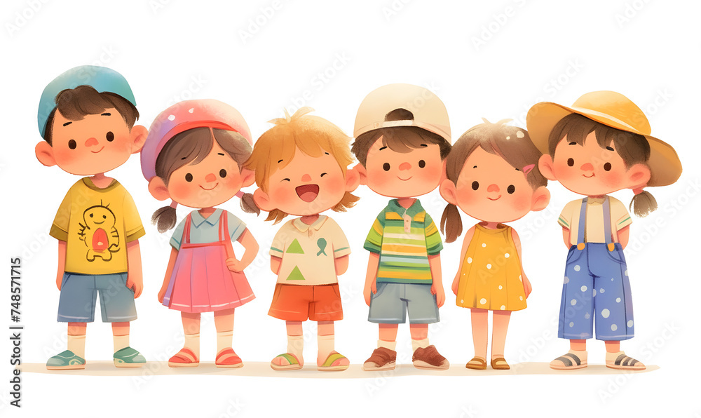Cute cartoon children standing in a row, Generative AI Cute cartoon children standing in a row, Generative AI