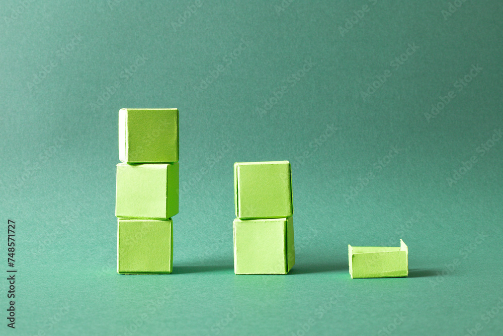Ascending Stack of Green Cubes on a Soft Teal Background - Geometric Art