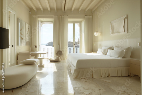 spacious luxury room with tables  chairs  rooms  shades of white.