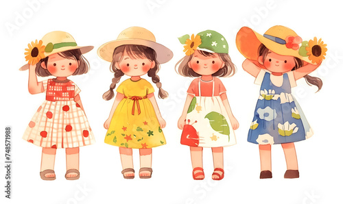 Cute cartoon children standing in a row, Generative AI 